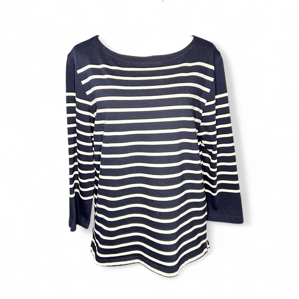 Lauren Ralph Lauren Shirt Womens Medium Black Cream Stripe Boatneck Heavy Cotton